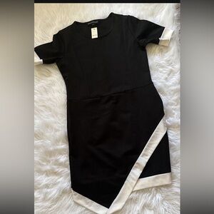 Black fashionable dress with white trim, blue and burgundy shirt dress, blouse.